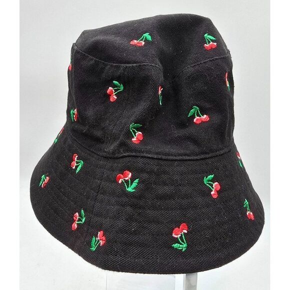 Black Bucket Hat With Red Cherry Embroidery 100% Cotton Lightweight & Breathable - Picture 1 of 7